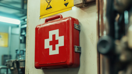 Close-up of factory floor first aid kit, mounted on the wall near a machine, with emergency signage in the background and space for safety-related text.の素材