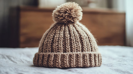 A cozy knitted winter hat with a pom-pom, resting on a wooden surface with a blurred background, providing space for copy.の素材