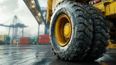 Close-up of a truck's wheel with a freight container in the background, highlighting the transport and logistics industry with ample space for copy.の素材