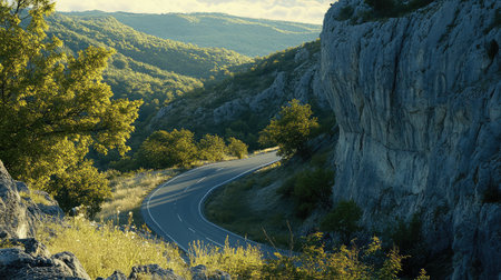 A highway winding through a mountainous region, with high cliffs and lush green trees, offering space for road-related messaging.の素材