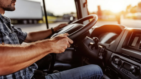 Close-up of a truck driver's hand on the steering wheel, with the cargo area in the background and plenty of space above for copy on freight transport.の素材