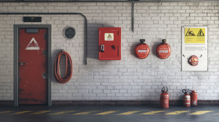 Factory walls with mounted fire alarms and safety instructions, clearly visible warning signs, and a clean environment for copy space.の素材