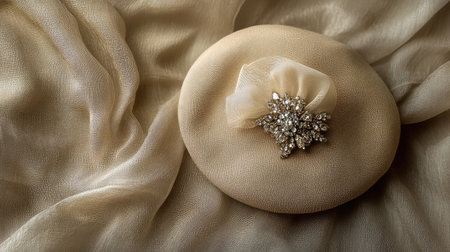 A luxury beret hat with a jeweled brooch, resting on a fabric background with soft, diffused lighting and space for copy above.の素材
