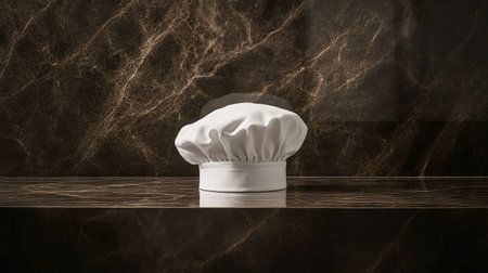 A pristine white chef hat sitting on a polished surface, with soft light casting shadows and ample space above for copy.の素材