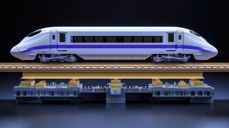 Cross-section of a high-speed train under construction, showcasing engineering details, interior framework, and structural components. A modern transportation concept.の素材
