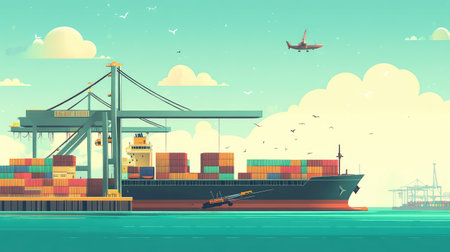 Cargo ship loading containers at a large shipping port with cranes in action and plenty of sky space for transport messaging.の素材