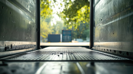 Close-up of an empty container truck bed, with freight containers in the background, ready for loading, leaving room for copy about freight transport.の素材