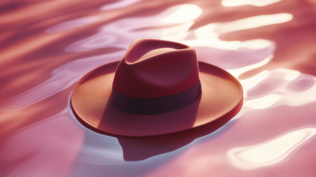 A wide-brim hat resting gently on a smooth surface with soft, diffused light and clear space for creative messaging above.の素材