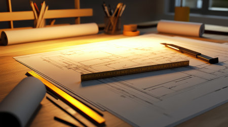 Engineer's drafting desk with rolled blueprints, measuring tools, and a large technical drawing illuminated by soft industrial lighting. A perfect workspace concept.の素材