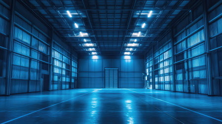 Empty futuristic factory hall with neon blue lighting, sleek metallic textures, and a sci-fi industrial aesthetic. Perfect for cyberpunk or high-tech production themes.の素材