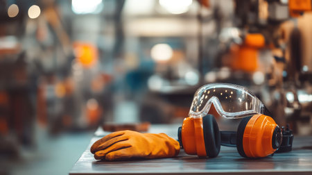 Close-up of safety goggles, gloves, and ear protection on a factory workbench, with tools and machinery in the background, emphasizing factory safety with copy space.の素材
