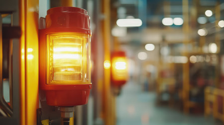 Close-up of factory emergency lights mounted on walls, illuminating a clear emergency exit route, clean factory setting with room for copy space.の素材