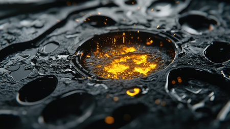 Close-up of a futuristic industrial D printer creating metal components with glowing molten metal and sparks flying.の素材