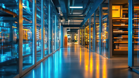 Futuristic industrial hallway with steel walls, glowing blue lights, and a modern factory aesthetic. A sci-fi-inspired factory corridor with a clean, high-tech look.の素材