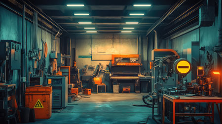 Factory floor with safety barriers around heavy machinery, bright warning signs, and proper lighting illuminating the workspace, leaving space for safety-related text.の素材