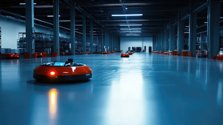 High-tech warehouse with autonomous mobile robots transporting packages, futuristic smart logistics automation background with copy space.の素材