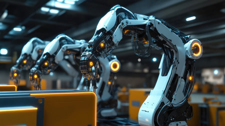 Futuristic robotic arms packaging goods in a smart logistics warehouse, high-tech industrial automation concept with neon lighting and copy space.の素材