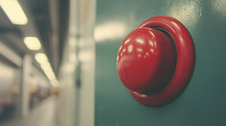 Emergency safety shutdown button on factory machinery with visible safety signs and clear space for safety-related messages in a clean industrial setting.の素材