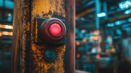 Emergency safety shutdown button on factory machinery with visible safety signs and clear space for safety-related messages in a clean industrial setting.の素材