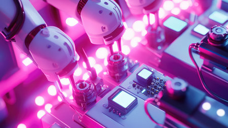 Industrial robots performing synchronized assembly tasks in a smart factory, digital control systems and glowing technology background with copy space.の素材
