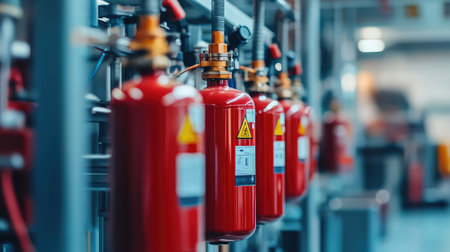 Close-up of factory safety tools and equipment, including fire extinguishers, emergency shutoff switches, and warning signs in a well-lit industrial environment with copy space.の素材