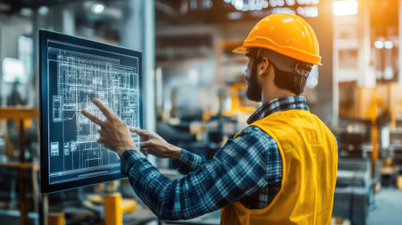 High-tech engineering workspace with digital blueprints on a futuristic touch screen, glowing interface elements, and a dark industrial background. A modern innovation concept.の素材