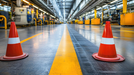 Factory floor with warning lights flashing on heavy machinery, safety cones marking off restricted areas, and organized background for copy space.の素材