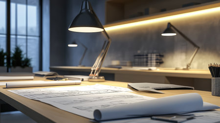 Minimalist engineering lab with drafting tables, architectural blueprints, and technical drawings illuminated by soft lighting. A clean and modern workspace.の素材