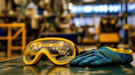 Close-up of safety goggles, gloves, and ear protection on a factory workbench, with tools and machinery in the background, emphasizing factory safety with copy space.の素材