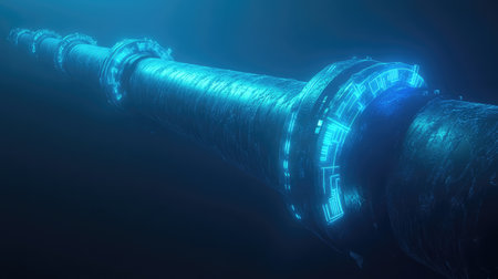 Glowing industrial cybernetic pipeline system with AI-powered pressure monitoring and futuristic safety technology.の素材