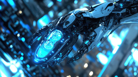 Industrial robotic arm with AI-powered sensors assembling complex mechanical parts, futuristic automation in a smart factory with glowing blue lights and copy space.の素材