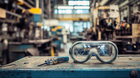 Close-up of safety goggles, gloves, and ear protection on a factory workbench, with tools and machinery in the background, emphasizing factory safety with copy space.の素材