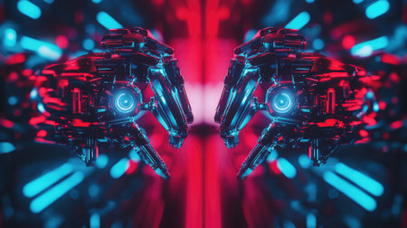 Industrial robotic arms optimizing efficiency in a futuristic automated warehouse, advanced logistics and technology concept with copy space.の素材