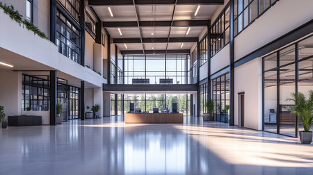 Minimalist, modern industrial space with symmetrical steel beams, high ceilings, and polished floors. A versatile and clean backdrop for manufacturing and technology concepts.の素材