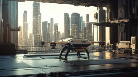 Smart logistics automation with autonomous drones delivering packages in a futuristic cityscape, digital AI-powered background with copy space.の素材