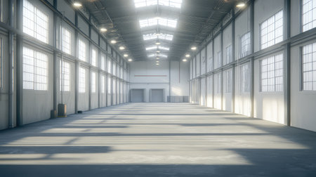 Symmetrical perspective of a modern, clean, and minimalistic factory floor with white walls, metallic elements, and industrial lighting. A futuristic and efficient workspace.の素材