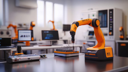 Modern engineering laboratory with robotic arms, D printers, and futuristic industrial design elements. A space dedicated to innovation and manufacturing.の素材