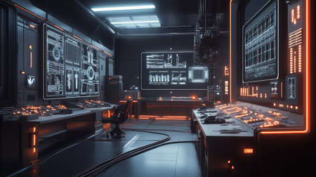 Industrial smart grid with interconnected AI-powered energy systems, glowing power lines, and futuristic control panels.の素材