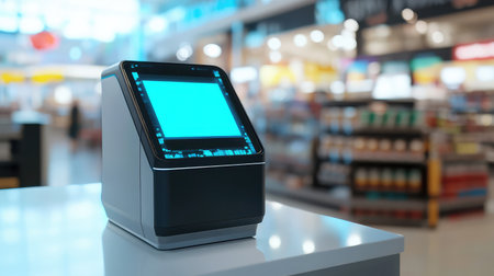 Modern self-checkout system with AI-powered scanning in a retail store, futuristic digital shopping automation background with copy space.の素材