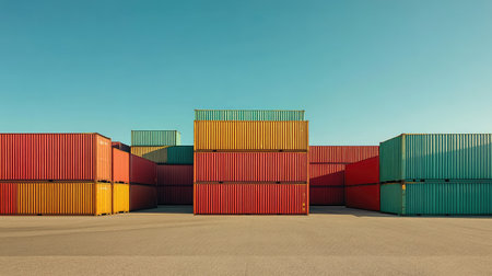 Freight containers stacked on the back of a truck, with the open highway ahead and a clear blue sky for copy about freight transport.の素材