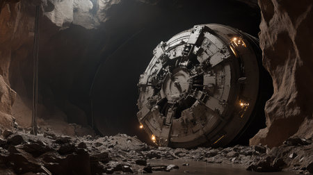 Symmetrical tunnel boring machine in action, carving through bedrock with precision engineering.の素材