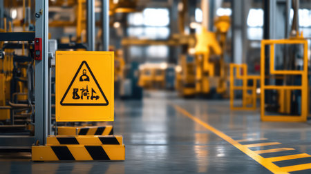 View of a factory work area with warning signs, protective barriers, and clean factory equipment in the background, with space for safety-related messages.の素材