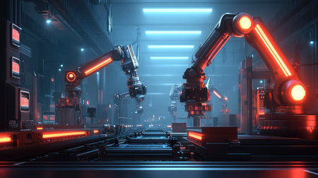Smart factory with advanced robotics managing complex assembly tasks, digital control panels, and glowing neon lights illuminating the high-tech production floor with copy space.の素材