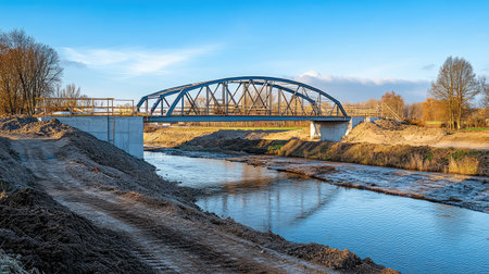 Modern steel bridge under construction, showcasing structural engineering with massive metal beams and intricate support systems. A symbol of architectural progress.の素材