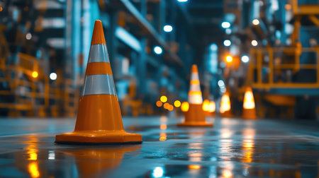 Industrial factory safety lights flashing near work areas, safety cones in place around high-risk zones, with factory machines in the background and copy space.の素材