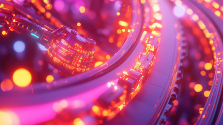 Smart factory with autonomous robotic arms moving materials along conveyor belts, digital interfaces and automated systems working in sync, with glowing high-tech background and copy space.の素材