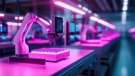 Smart factory floor with AI-driven robotic arms sorting and assembling products, digital monitoring systems and glowing lights illuminating the automated setting with copy space.の素材