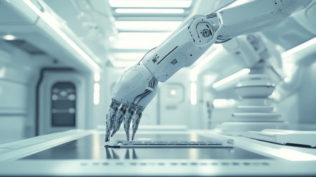 Futuristic robotic automation in a pharmaceutical lab, AI-powered laboratory equipment working under digital control, clean sci-fi background with copy space.の素材