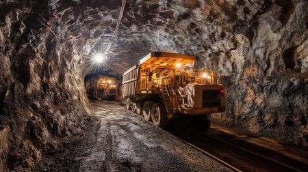 Massive automated underground mining operation with glowing AI-driven machinery and robotic excavation tools.の素材