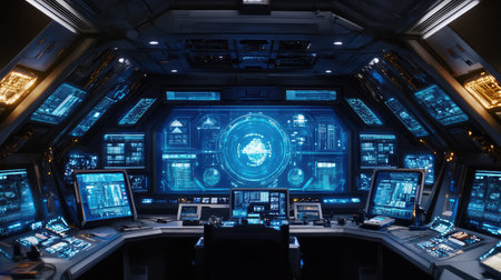 Smart factory floor with high-tech robotic arms working seamlessly with digital interfaces, glowing lights, and automated machinery in the background with copy space.の素材